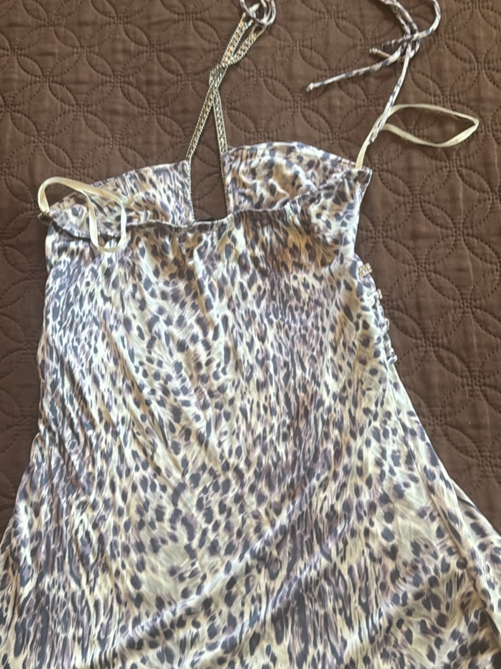Sky Beaded Leopard-Print Halter Top in Beige and Brown - Picture 2 of 2